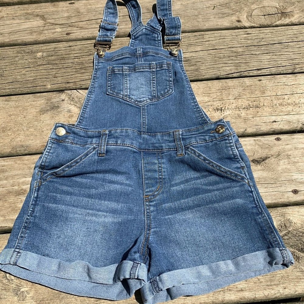 Sugah & Honey Shortalls Denim Overall Shorts size 3 Blue Jean Hardware Cuffed